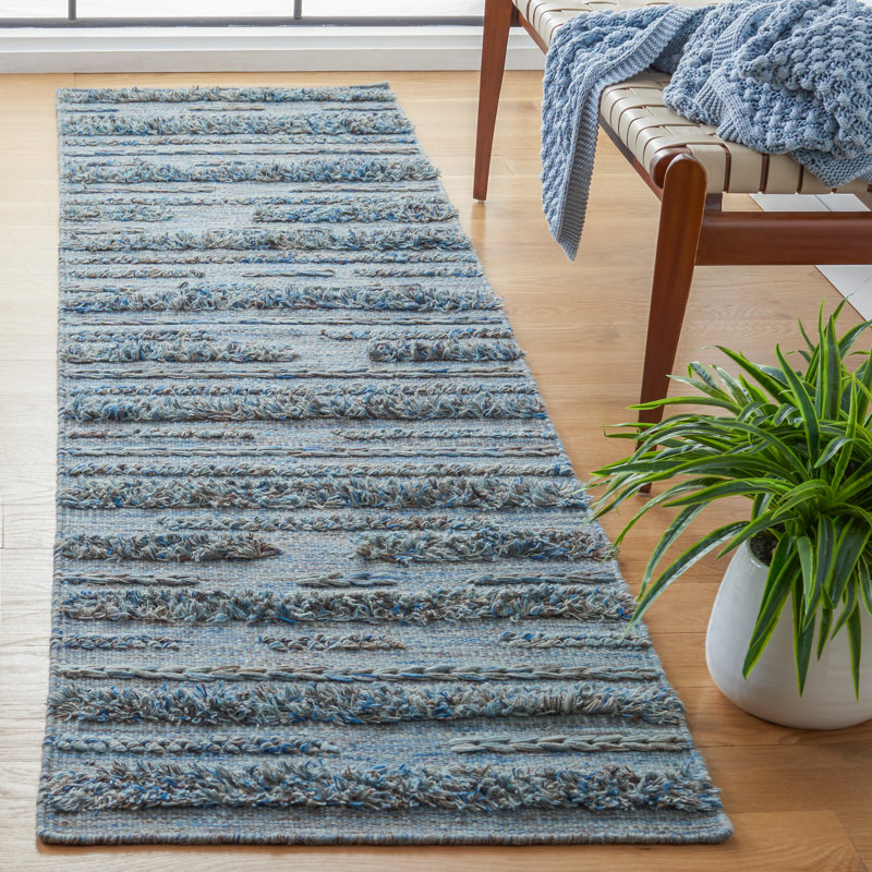 Tapis gris / bleu tissé à plat à la main Hartzler, Tapis de couloir 2 pi 3 po x 9 pi