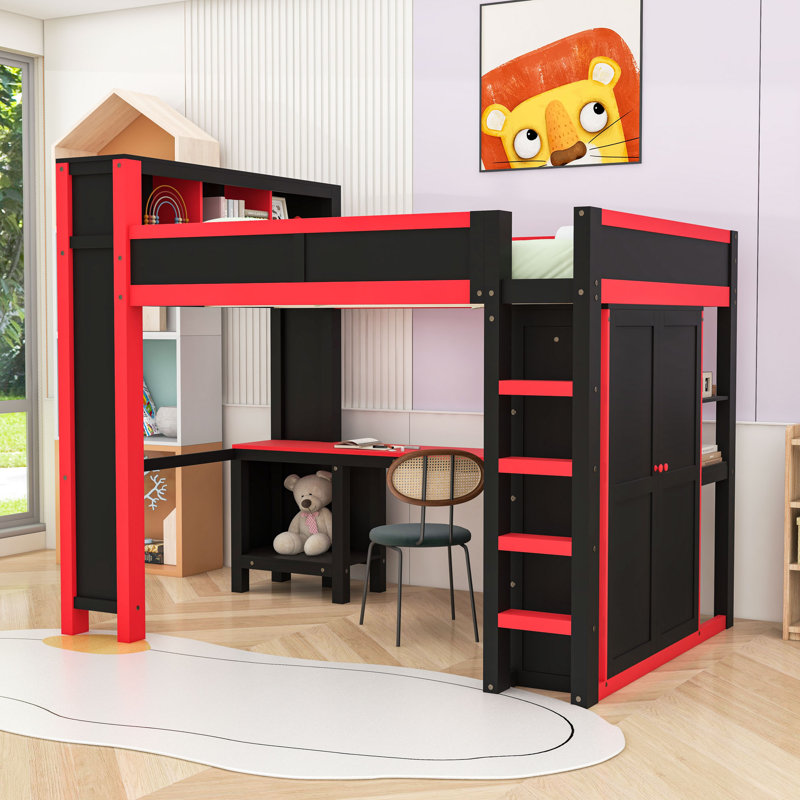 Grand lit mezzanine en bois avec garde-robe intégrée, bureau et port USB