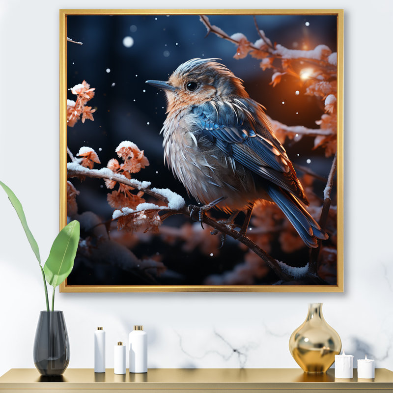 «Winter Blue Bird Serenity II - Bird», art mural, Cadre doré simple, H 36 po x l 36 po x P 1,5 po