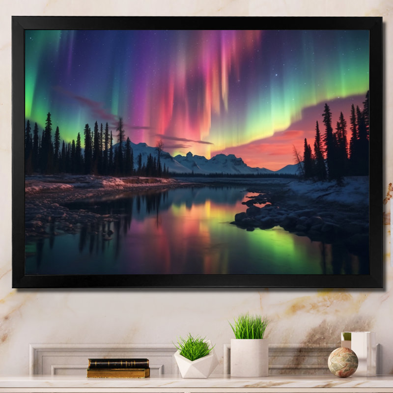 Yukon Dream Aurora I - reproduction d'art sur toile canadienne, H 16 po x l 32 po x P 1 po, Cadre photo noir simple