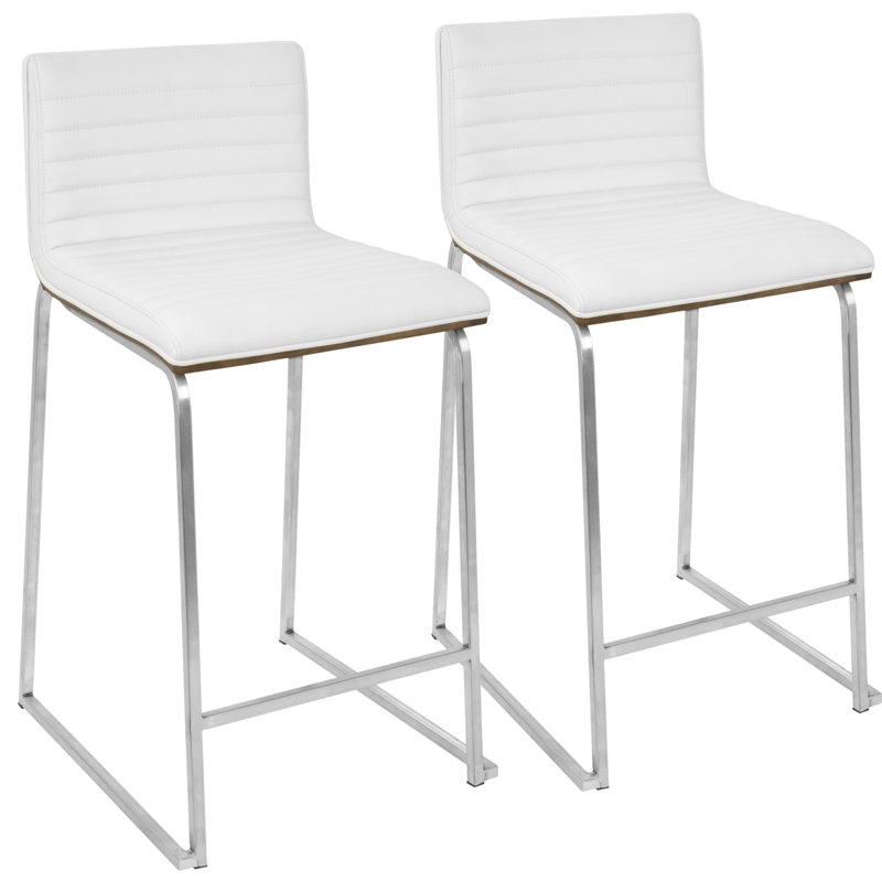 Mara 26" Contemporary Counter Stool In Brushed Stainless Steel, Walnut Wood, And White Faux Leather By Lumisource - Set Of 2
