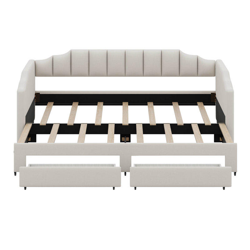 Lit de jour simple TG avec tiroirs de rangement et lit gigogne, rembourré avec lumières DEL, Beige