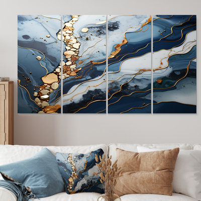 «Blue and Gold Marble River II - Abstract Marble», art mural 4 pièces