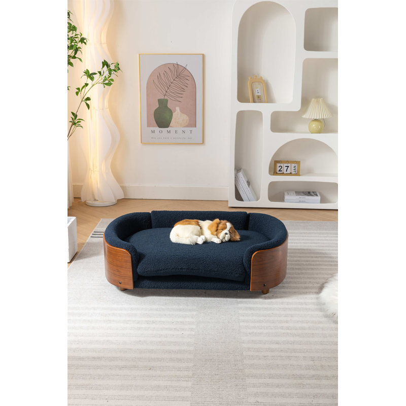 Canapé pour chien en bois massif Inira, L 38,58 po x P 26,77 po x H 11,02 po, Bleu foncé / noyer