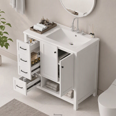 Meuble-lavabo autoportant de 30 po avec comptoir d'évier, armoire en bois massif et panneau de fibres à densité moyenne avec 2 portes, 2 tiroirs et tablette ouverte, gris