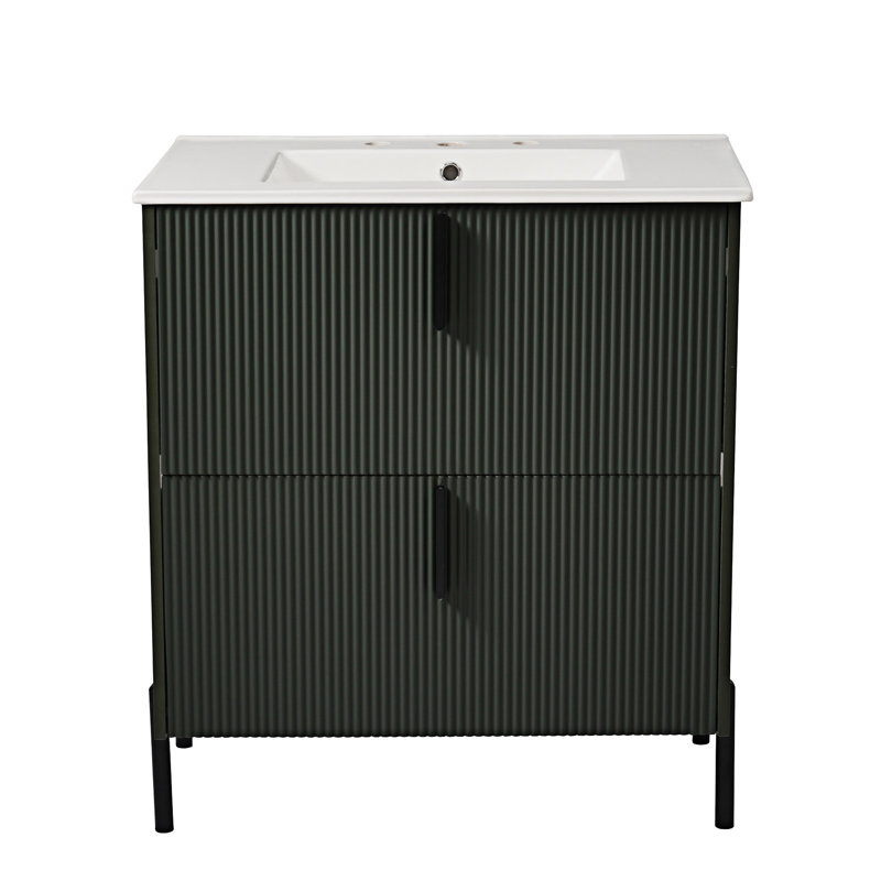 Bathroom Vanity With Ceramic Sink And Drawers, Green