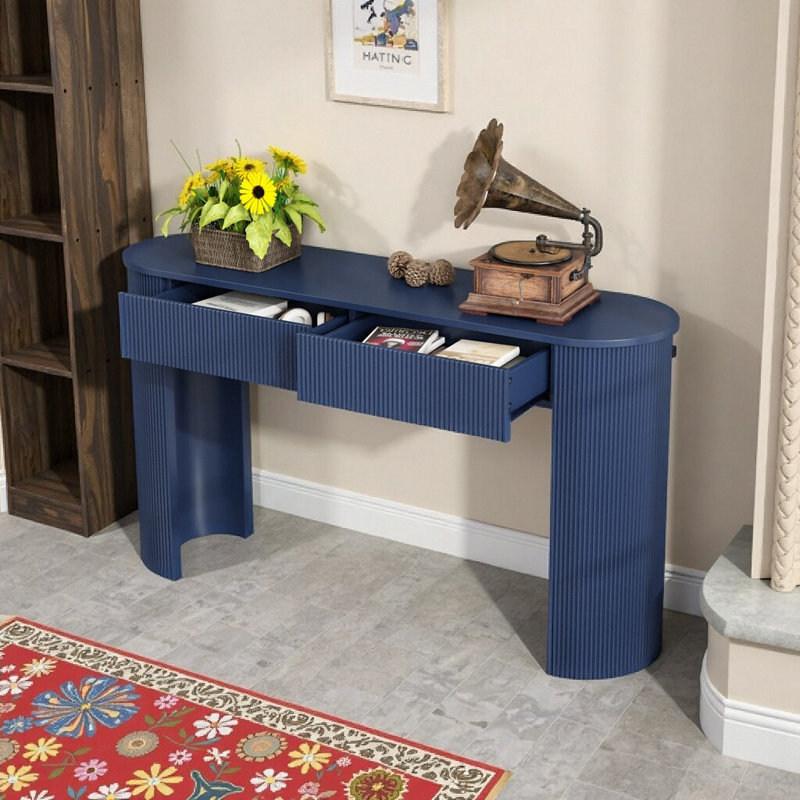 Table d'entrée avec rangement à cannelures bleu marine | Console moderne minimaliste avec plateau ovale et 2 tiroirs | Élégante table de canapé pour le couloir ou le salon