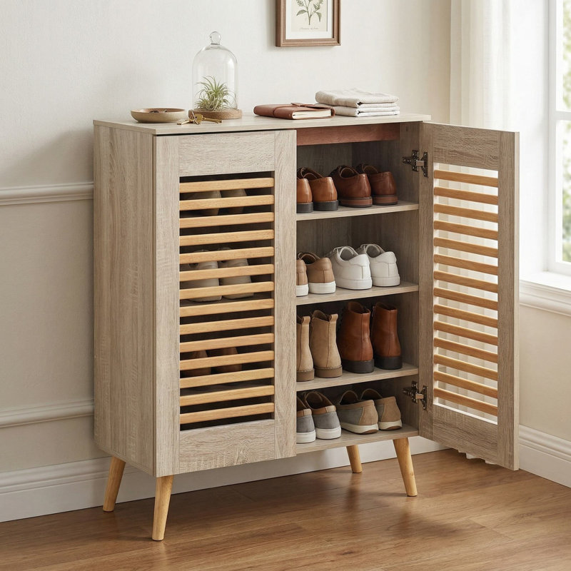 Armoire à chaussures autoportante durable et peu encombrante avec portes à persiennes et tablettes réglables amovibles pour l'organisation du vestibule dans le vestibule