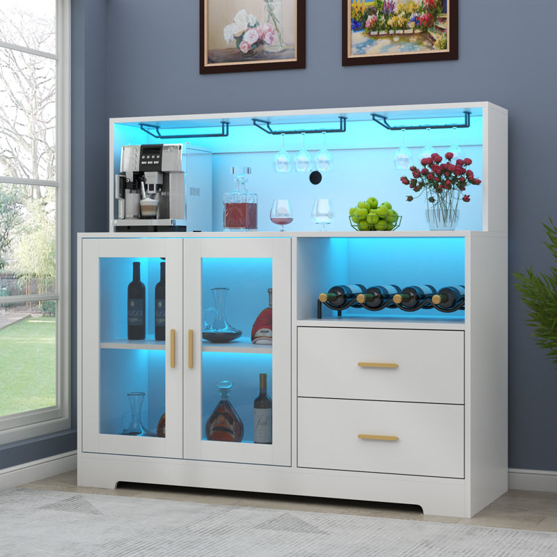 Heugel Wine Bar Cabinet with LED Light, Home Coffee Cabinet with Wine and Glass Rack, White