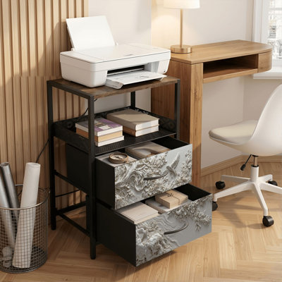 Table de chevet 2 tiroirs avec station de charge, table de chevet pour chambre avec ports USB et amp; «Outlets Open Shelf», table de chevet noire avec branches à fleurs en relief beige