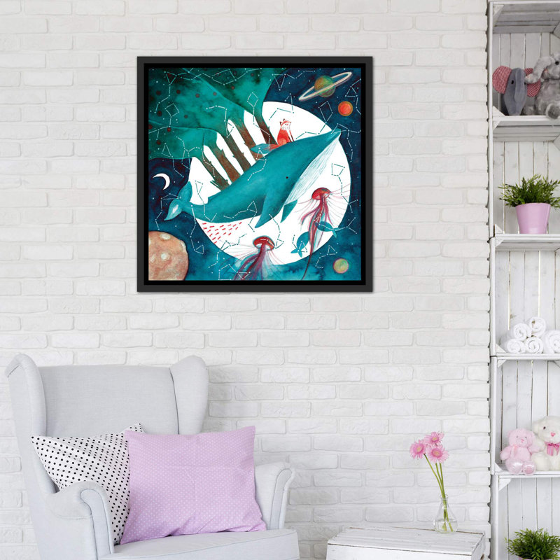 Renard et baleine IV - impression, Pas de tapis, Toile avec cadre noir patiné, H 37 po x l 37 po x P 1,5 po