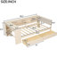 Lit plateforme simple en bois de couleur crème avec tablettes de rangement, tiroirs et station de charge, tête de lit tapissier ornement, tête de lit