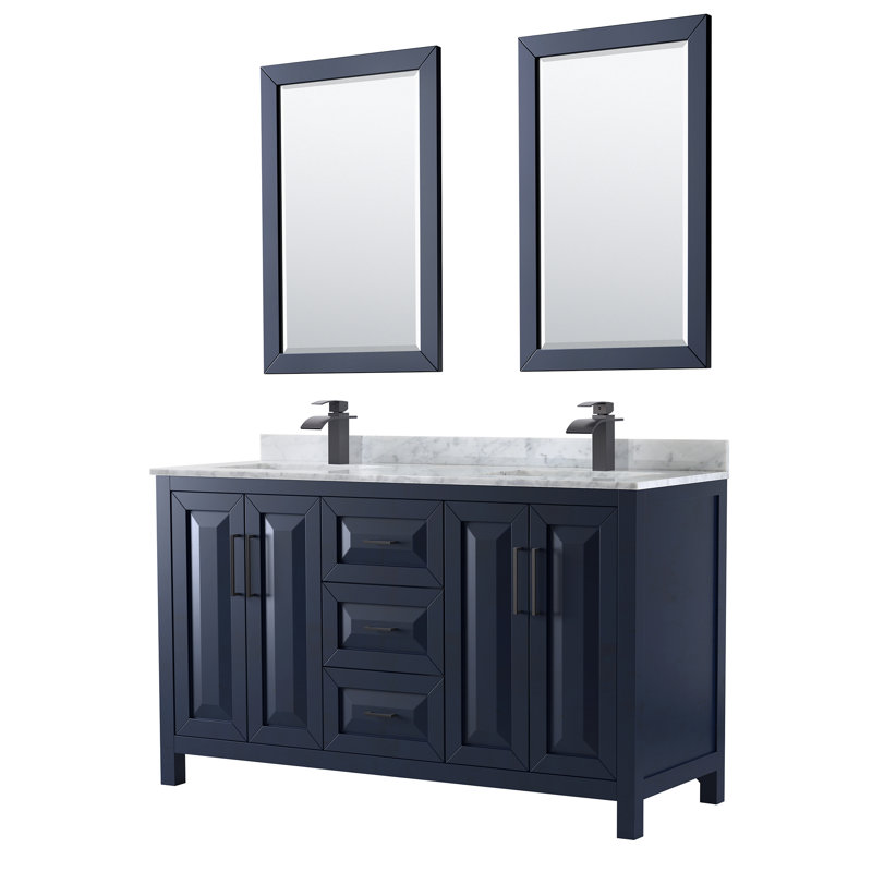 Daria 60'' W Double Vanity, Carrara Cultured Marble, Dark Blue, Matte Black