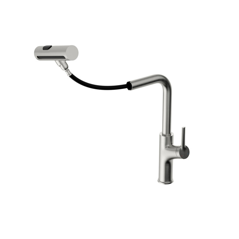 Robinet de cuisine rotatif rétractable Abuzer 360 en nickel brossé, 4 options de jet pour différents besoins, contrôle des éclaboussures, cartouche en céramique à fonctionnement doux, ensemble d'installation complet, nickel de style contemporain