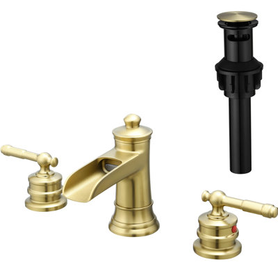Contemporary Bathroom Faucet For Sink 8 Inch Widespread, 3 Hole Basin Mixer Tap In Brushed Gold, Double Lever Handle, Ceramic Cartridge, Side , Deck-Mounted Widespread With Hose, Installation
