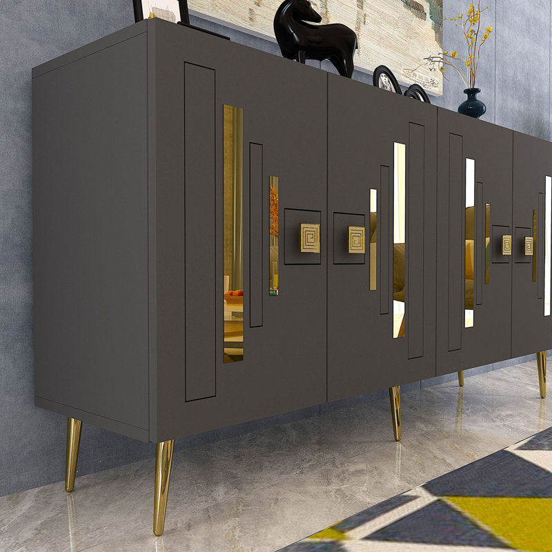 Modern Console Table, Anthracite & Gold, 100% Melamine Coated Particle Board, Thickness: 0.7 inches | Multiple Shelves, Wall-Mountable, Elegant Geometric Design for Home & Office Spaces