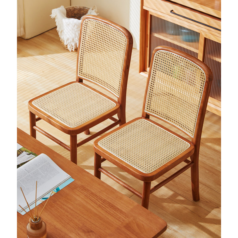 Retro Solid Wood Wicker Dining Chairs With Backrests