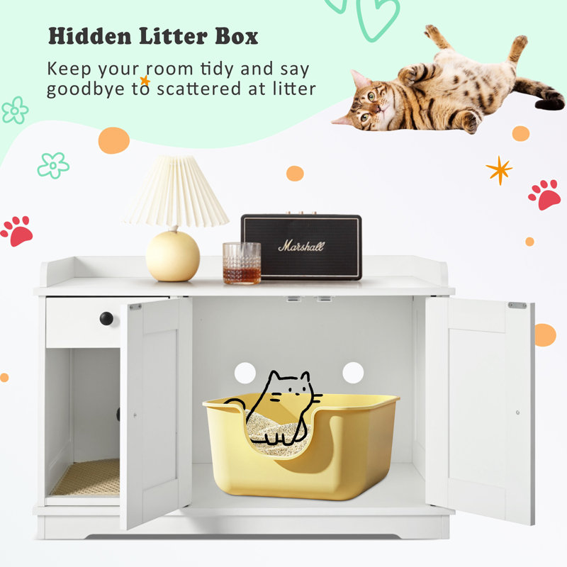 Cat Litter Box Enclosure with Cat Litter Mat and Storage Drawer Side Table