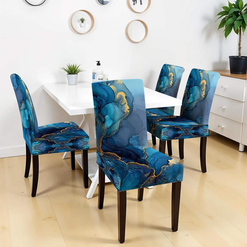 Housses de chaises de salle à manger - marbre bleu - ensemble de 4, housses extensibles, élégant motif abstrait bleu et doré, lavables, protecteurs de chaise pour la salle à manger, la cuisine et les événements