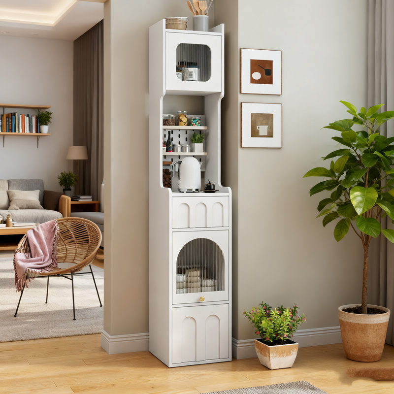 1x White Sideboard Storage Cabinet |  2 Drawers+pegboard+2 Shelves | 13.78"wx13.78"dx70.87"h, Kitchen/dining/living/bedroom, Modern