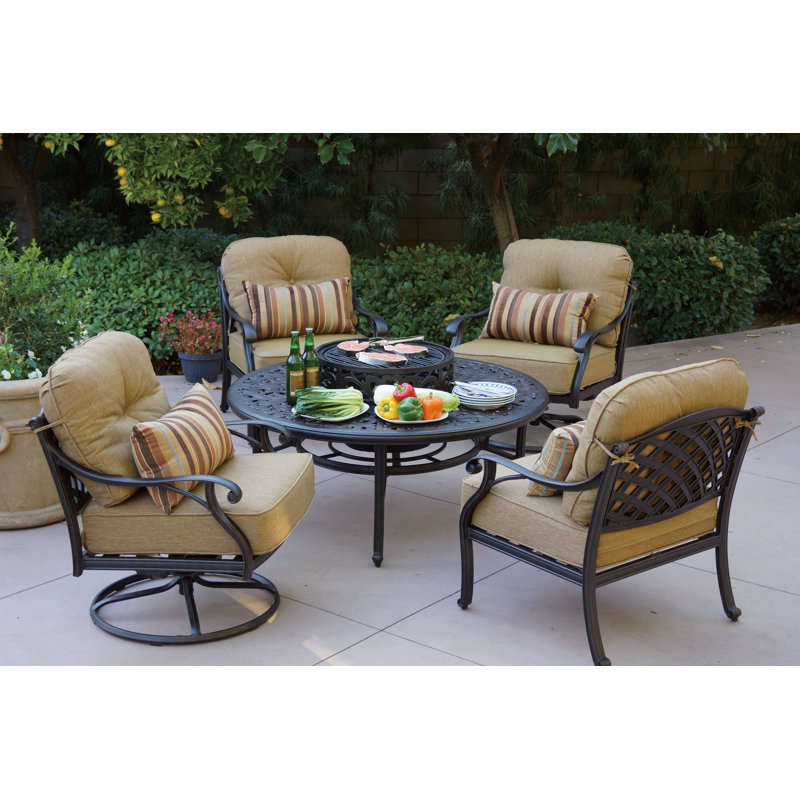 Frazee 5pc Patio Conversation Set w/ Cushions & 52'' Round Ice Bucket Tea Table with BBQ & Fire Pit