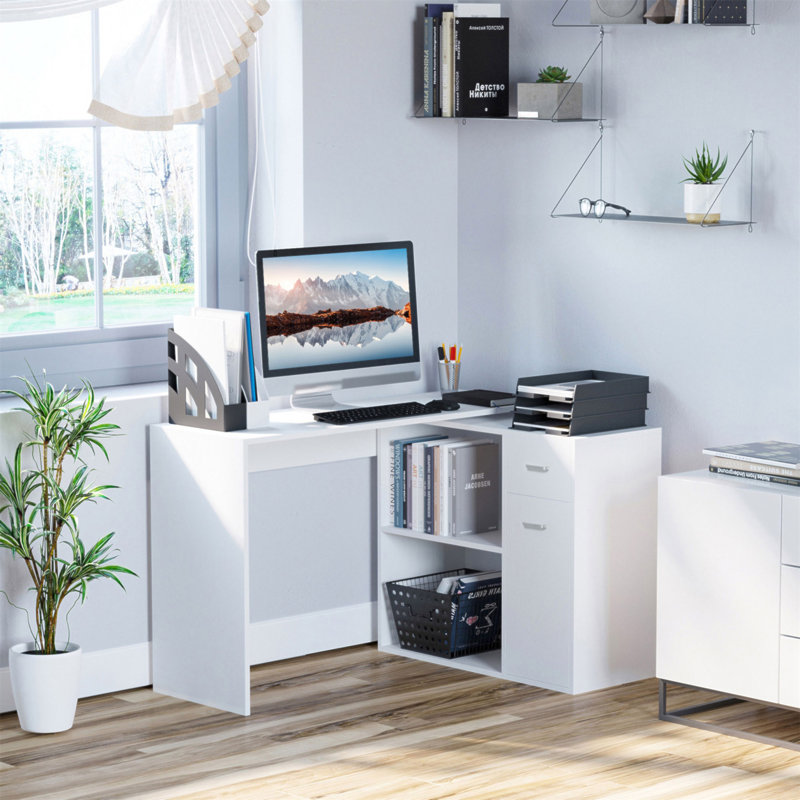 Bureau d'ordinateur en L, bureau d'angle rotatif à 180 ° avec tablettes de rangement, tiroir et armoire, poste de travail d'étude pour bureau à domicile