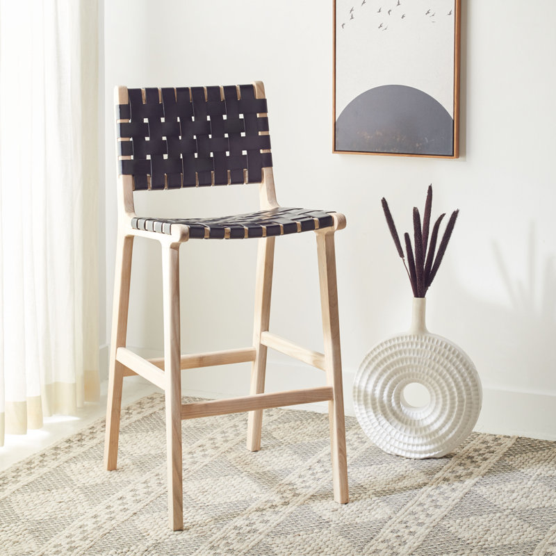 Alston Upholstered Counter Stool with Solid Wood Frame, Black Leather/Natural Unfinished Frame