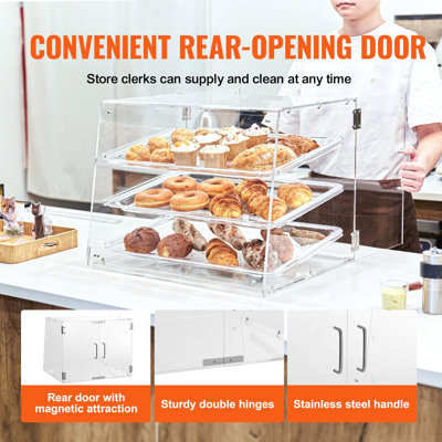 Vitrine à pâtisserie, vitrine de comptoir commerciale à 3 niveaux, boîte de présentation en acrylique avec porte arrière et étagères amovibles, idéale pour conserver la fraîcheur des beignets, bagels, gâteaux et biscuits, 52,6 cm x 43,2 cm x 41,4 cm