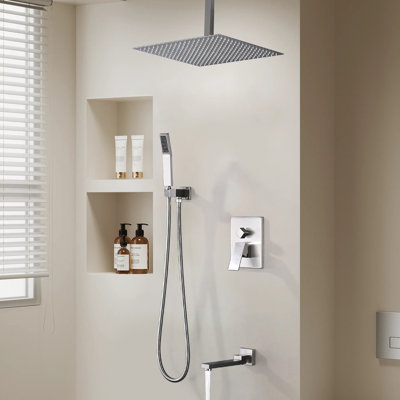 1-Spray Patterns 16 In. Dual Fixed And Handheld Shower Head With Bathtub Faucet 2.5 GPM In Brushed Nickel