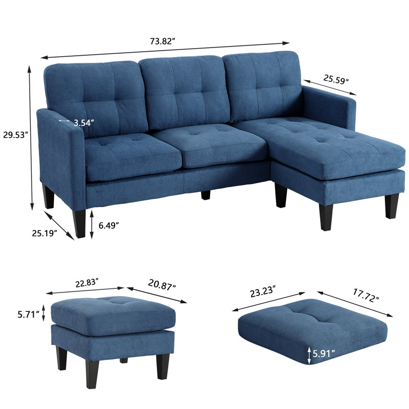 Videlle 73.8" Wide Reversible Sofa & Chaise with Ottoman, Blue Linen