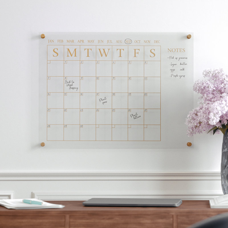 Clear Gold Acrylic Monthly Wall Calendar with Notes