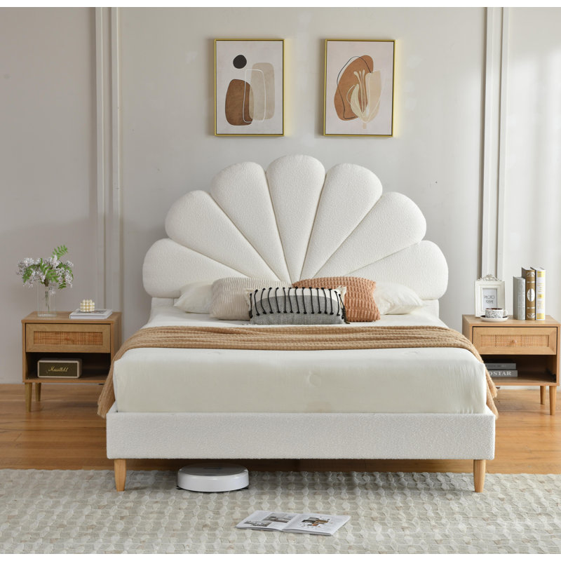 Shell Upholstered Bed with High Headboard, Cream, Queen