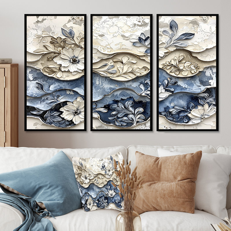 Carreaux abstraits floraux blancs et bleus I - ensemble de décorations murales vagues abstraites modernes