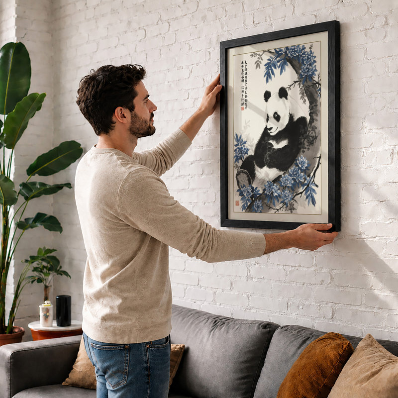 Panda in Bloom Japandi - Framed Print, A1 - 84.1 x 59.4 cm, Black