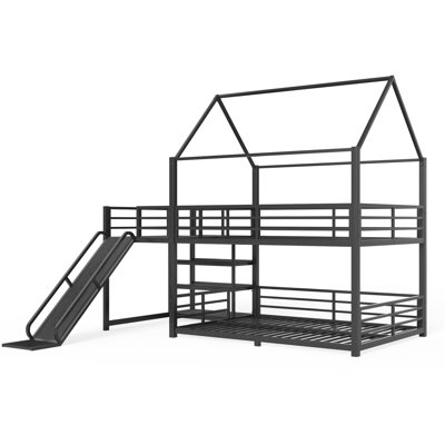 Full Metal House Bunk Bed with Storage Stairs, Slide, Safety Rails, Black