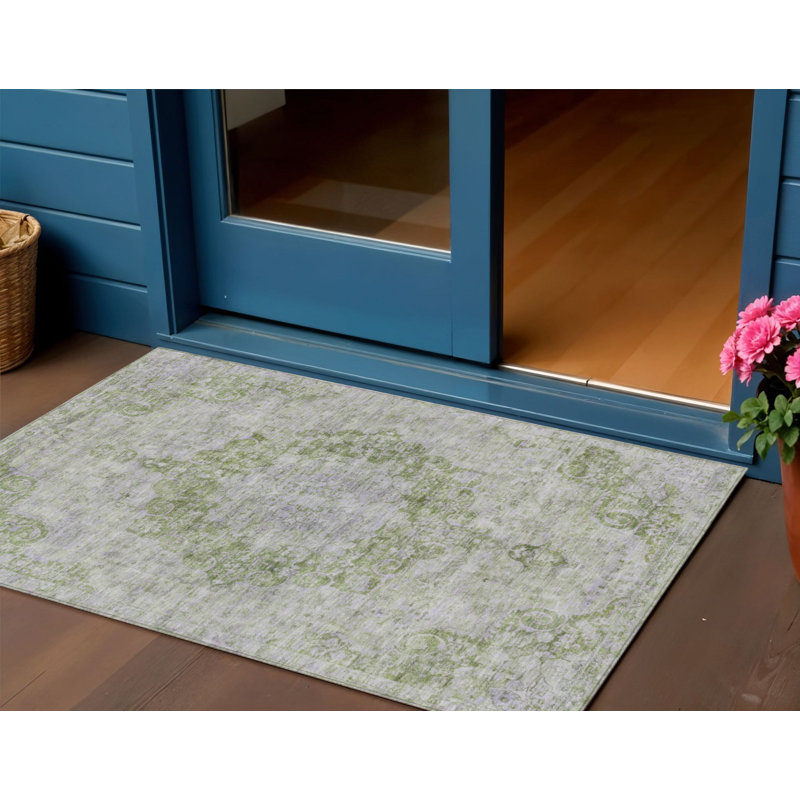 3' X 5' Olive Green Floral Medallion Washable Indoor Outdoor Area Rug