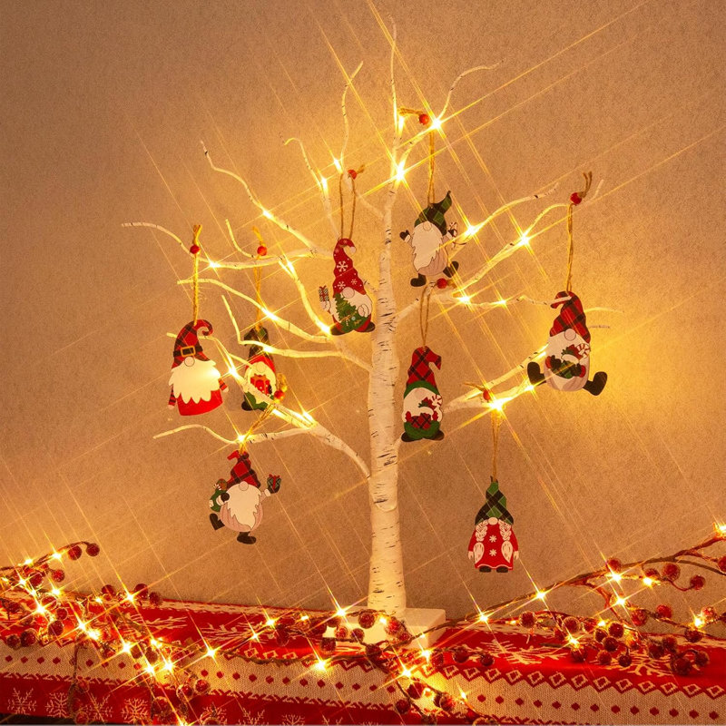 2FT Lighted Birch Tree with 8 Christmas Gnome Ornaments, Battery-Powered Timer for Indoor Holiday Decor