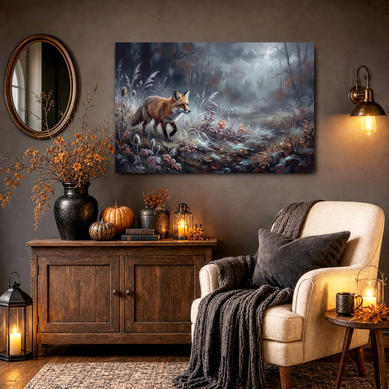 Art mural sur toile, "Renard roux marchant dans la forêt brumeuse", 28"H x 40"W
