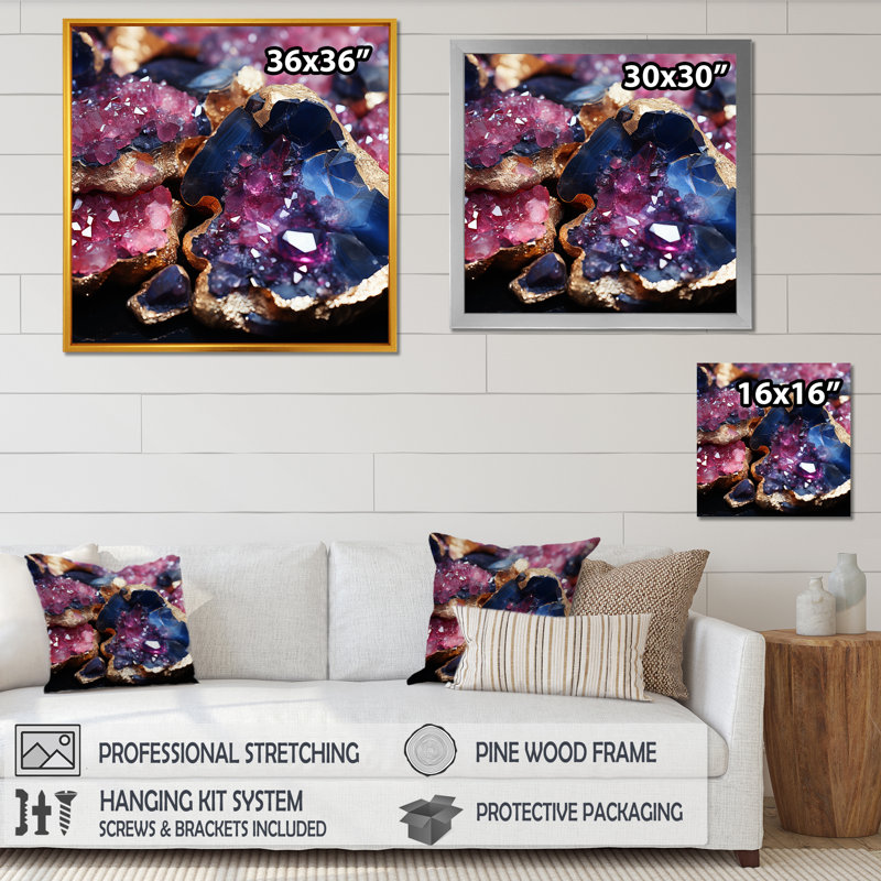 Mauve et or, pierres précieuses, art mural, H 16 po x l 16 po