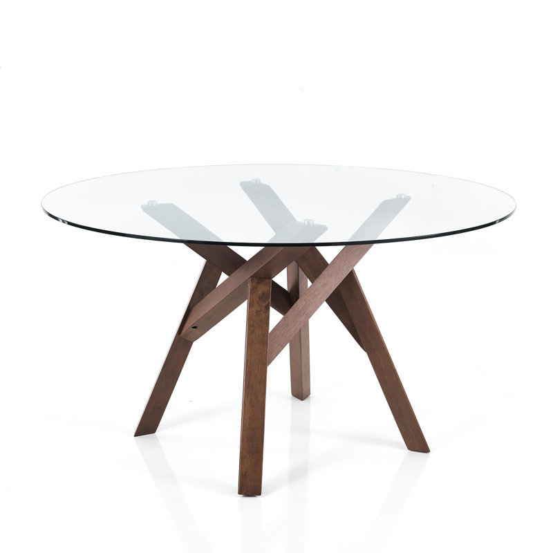 Amaj Round Glass Top Solid Wood Base Dining Table