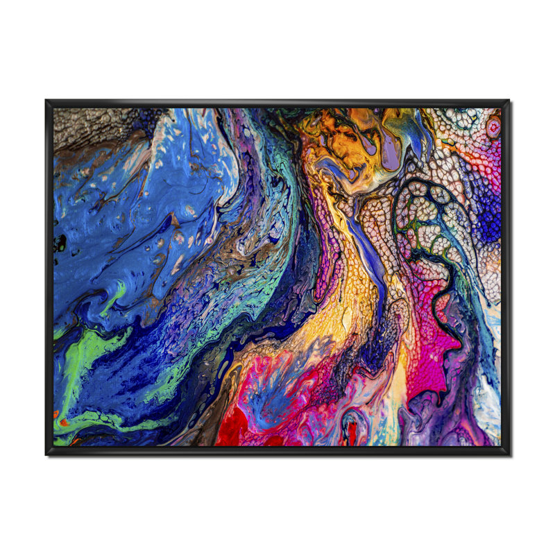 Rouge rouge bleu et jaune marbre - peinture sur toile, H 30 po x l 40 po, Cadre flottant noir