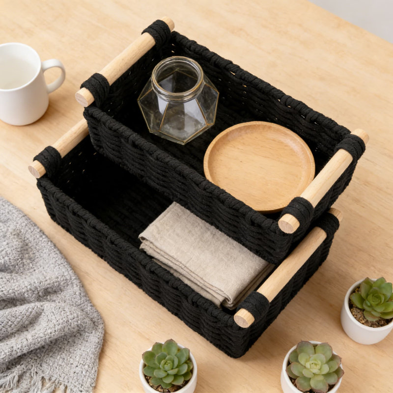 Ensemble de paniers de rangement en corde de coton avec poignées en bois Boho, Noir