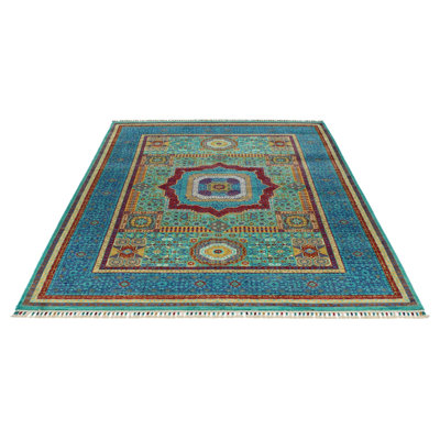6x8 Turquoise and Navy Turkish Tribal Rug
