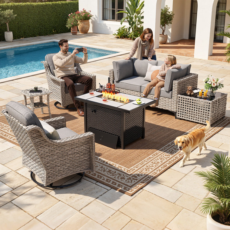High Density Pe Cane Outdoor Sofa With Stove And Swivel Chair, Dark Gray