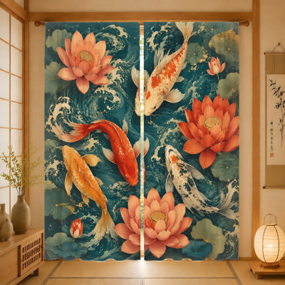 2Pcs Koi fish and lotus curtains, light filtering fabric, artistic vibrant water pattern, decorative privacy protection, rod-pocket design, suitable for living room, bedroom, balcony, kitchen home decoration