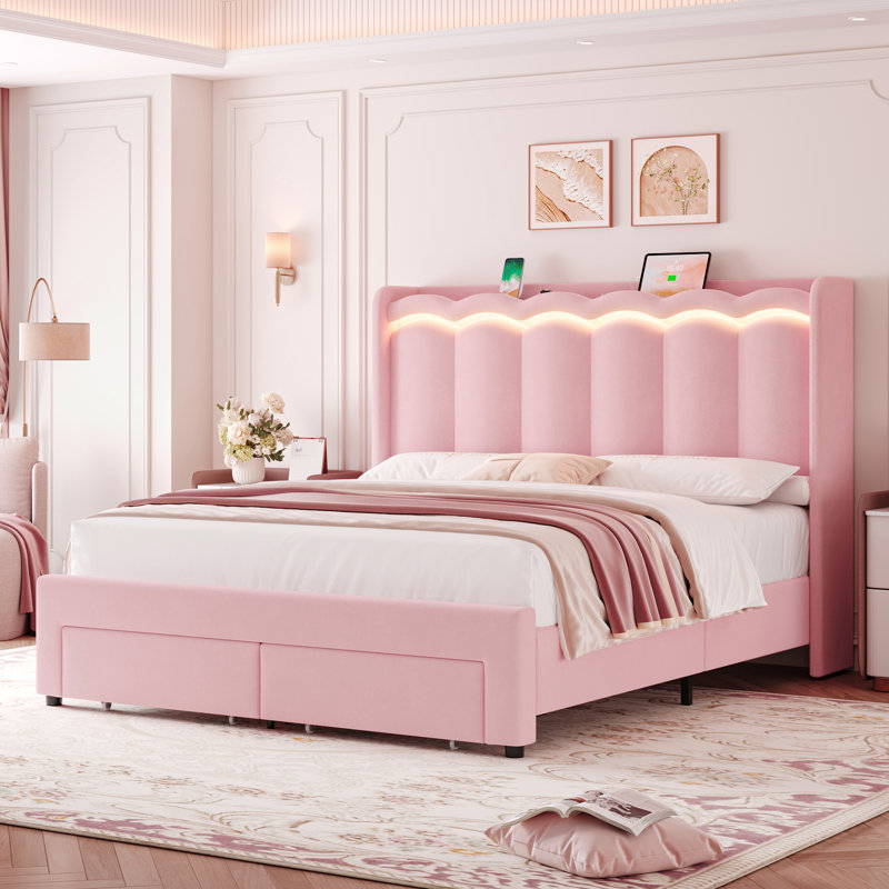 Velvet Upholstered Storage Bed With LED Lights, Storage Platform Bed With 2 Drawer & Charging Station, Queen, Pink