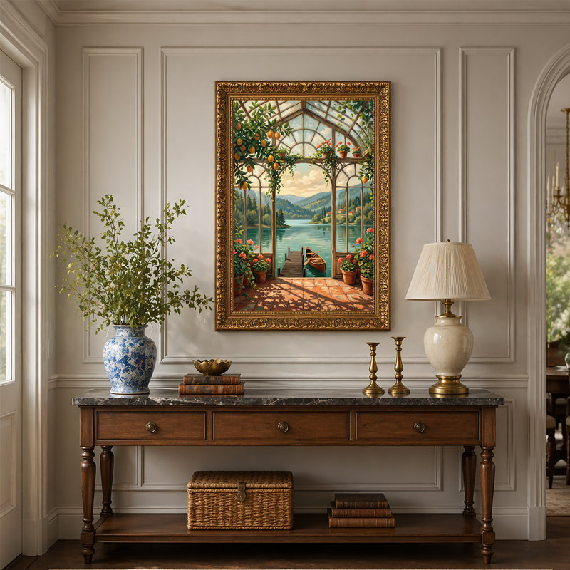 Intérieur de serre avec citronniers et vue sur lac, H 30 po x l 20 po