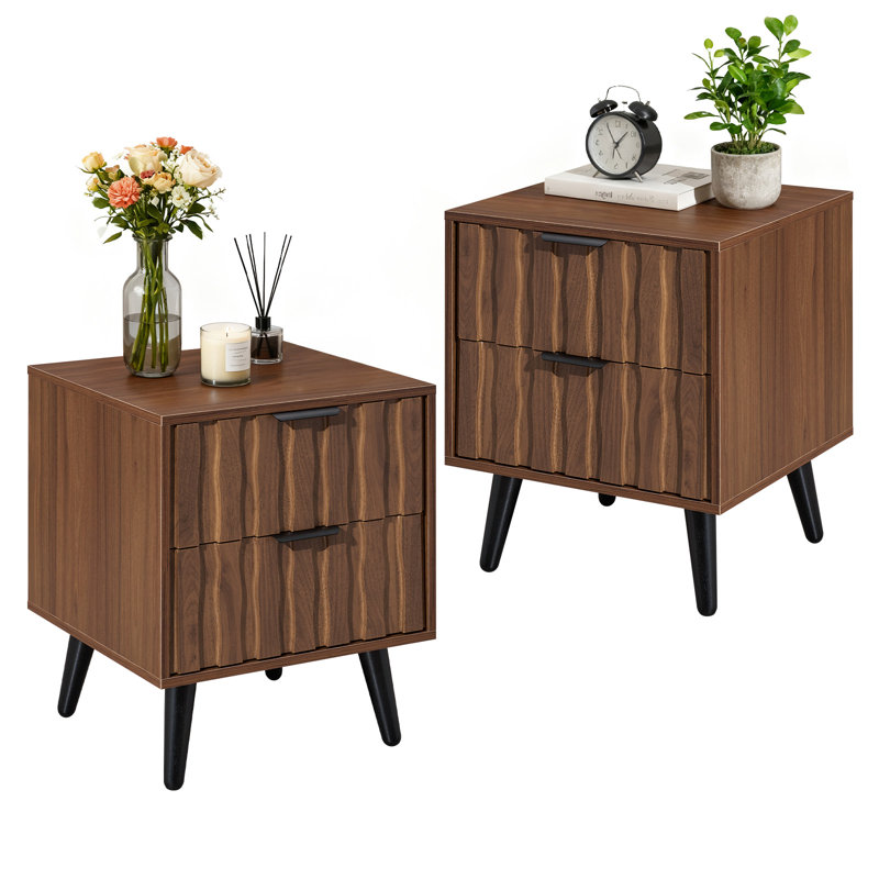 2-Drawer Fluted End Table With Solid Wood Legs, Storage Side Table For Living Room/Bedroom