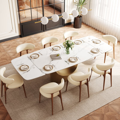 Howze 63-95" Modern Extendable Dining Table Set With 8 Fully Assembled Faux Leather Dining Chairs, Glossy White Sintered Stone Table Top With Bronze Steel Base