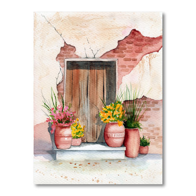 Vieille porte en bois, mur de briques et quelques plantes I - reproduction sur toile